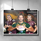 NRL Poster featuring Patrick Carrigan in the Broncos, Kangaroos and Maroons jerseys Art by Sports Cave.
