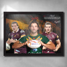 Black framed NRL Poster featuring Patrick Carrigan in the Broncos, Kangaroos and Maroons jerseys Art by Sports Cave.