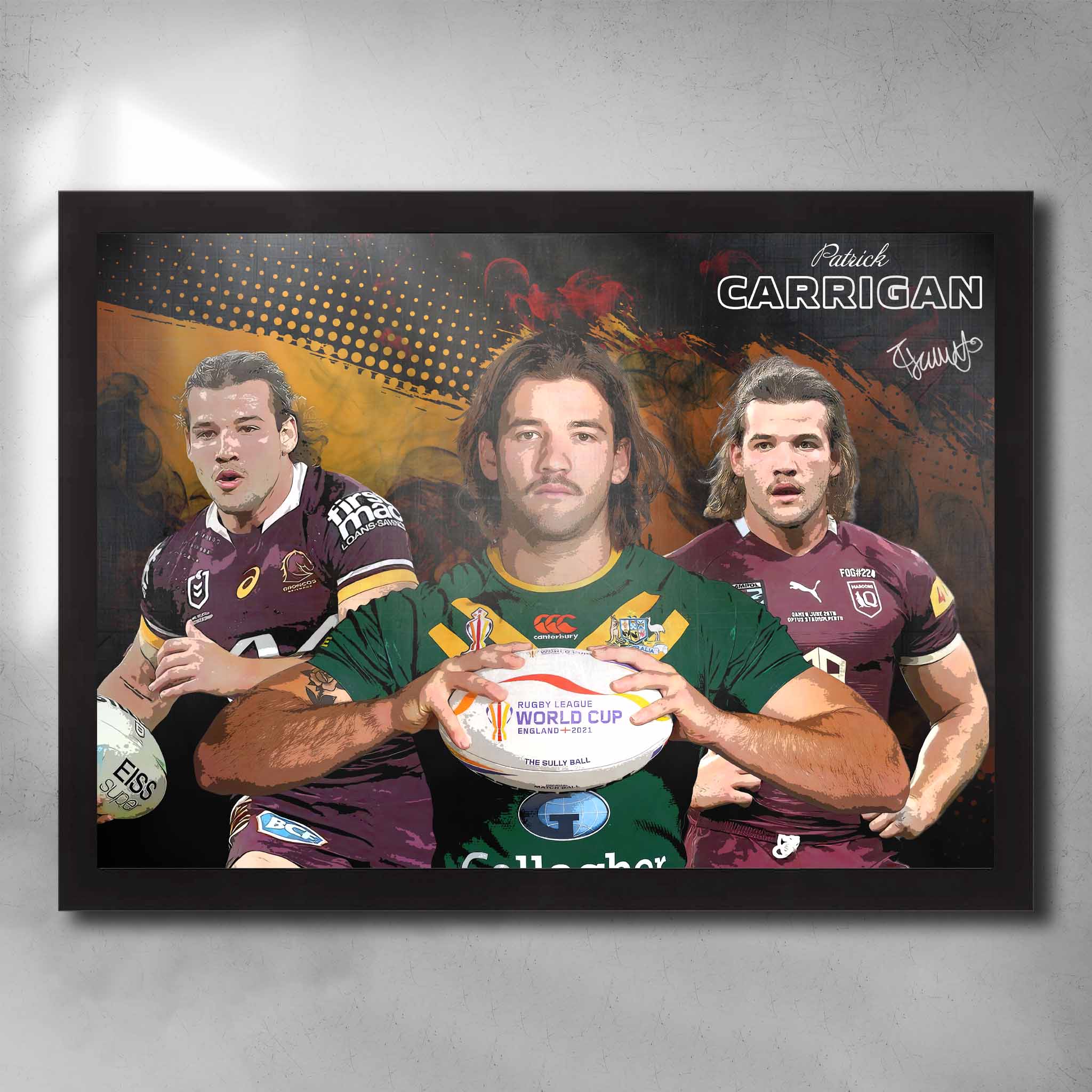 Black framed NRL Poster featuring Patrick Carrigan in the Broncos, Kangaroos and Maroons jerseys Art by Sports Cave.