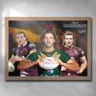 Oak framed NRL Poster featuring Patrick Carrigan in the Broncos, Kangaroos and Maroons jerseys Art by Sports Cave.