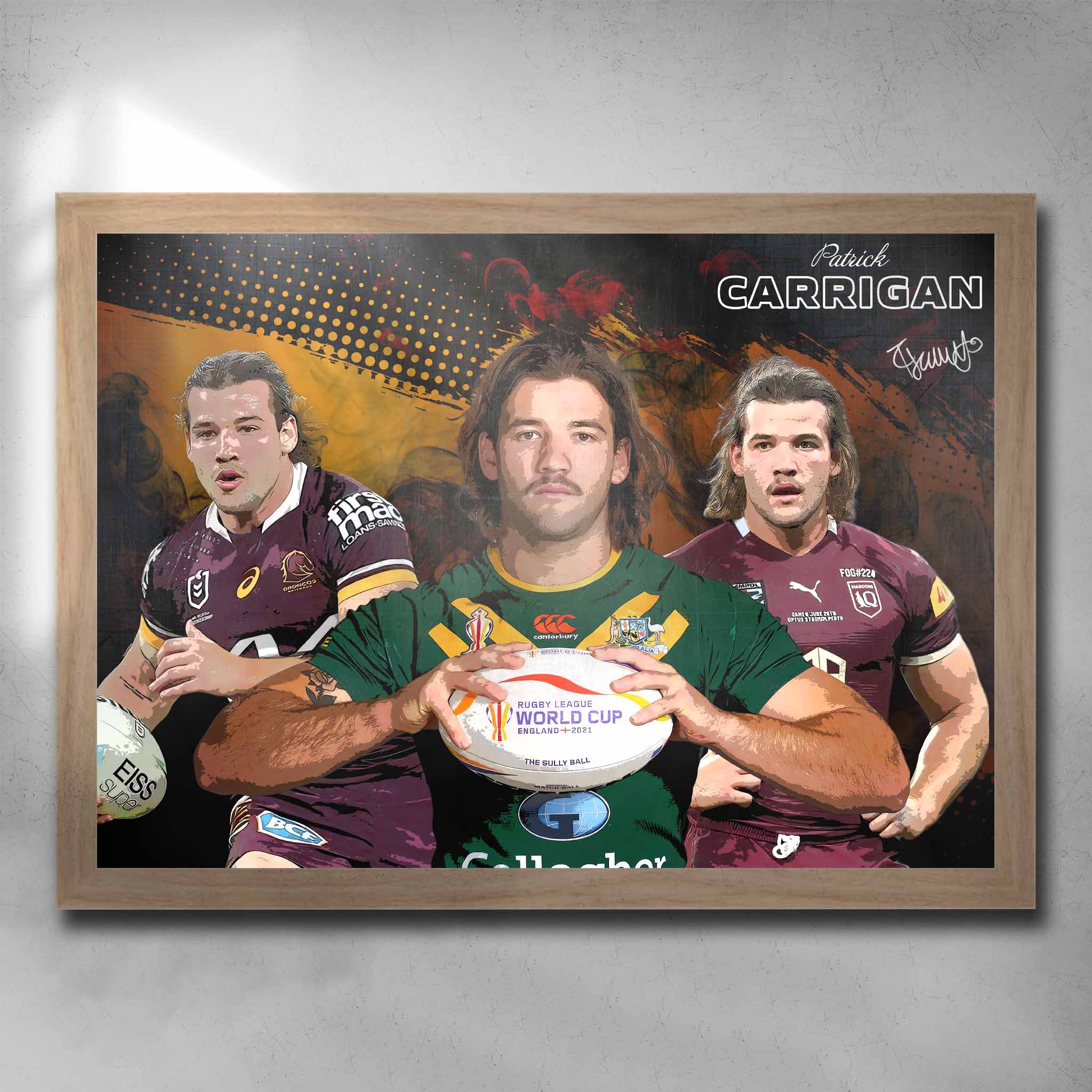 Oak framed NRL Poster featuring Patrick Carrigan in the Broncos, Kangaroos and Maroons jerseys Art by Sports Cave.