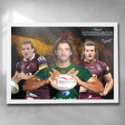 White framed NRL Poster featuring Patrick Carrigan in the Broncos, Kangaroos and Maroons jerseys Art by Sports Cave.