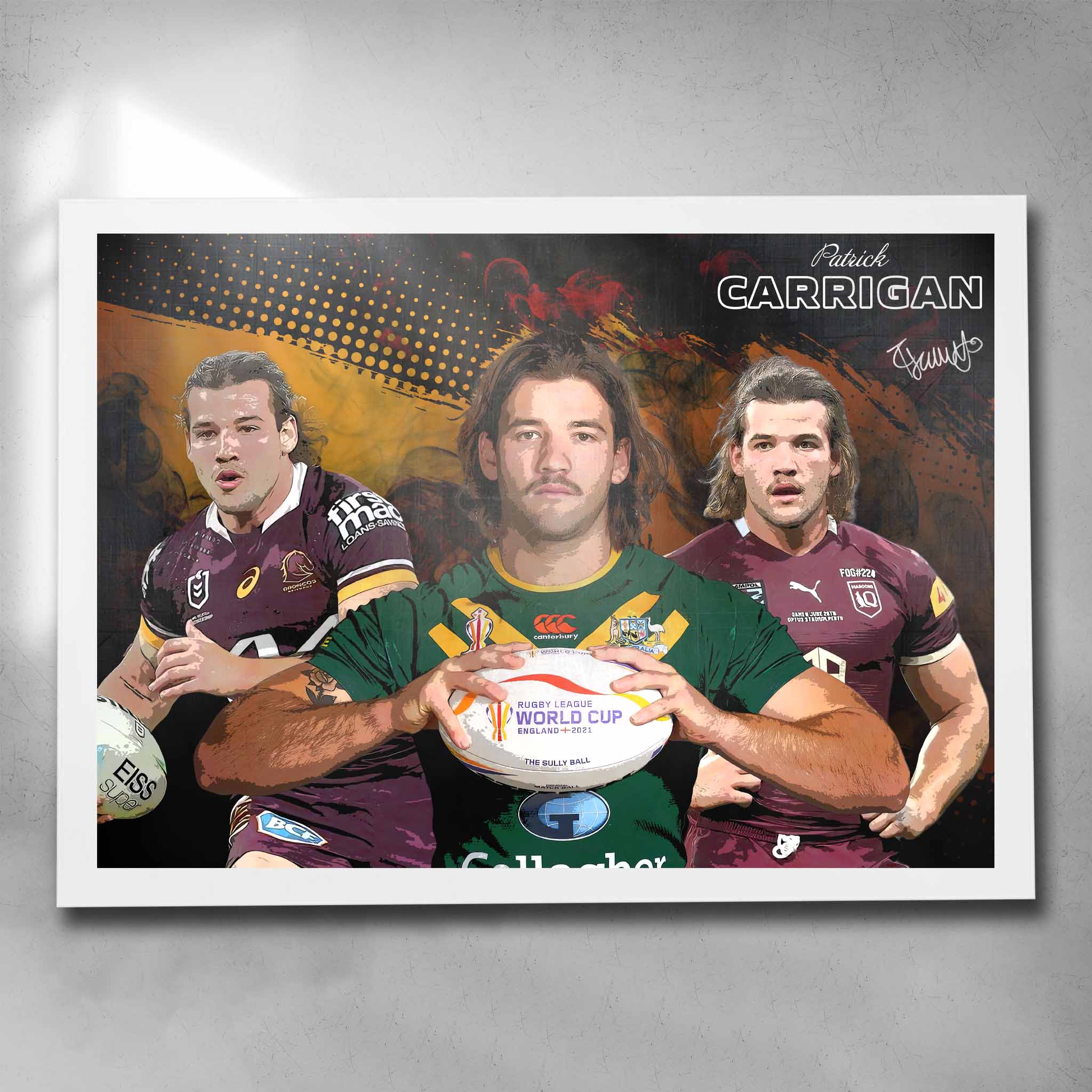 White framed NRL Poster featuring Patrick Carrigan in the Broncos, Kangaroos and Maroons jerseys Art by Sports Cave.