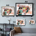 Visual representation of Patty Mills framed art size options, ranging from S - 21 × 30 cm (8.3 × 11.8 in) to L - 45 × 62 cm (17.7 × 24.4 in), for selecting the right size for your space.