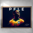 Oak framed soccer art by Sports Cave, featuring football legend Pele from Brazil.