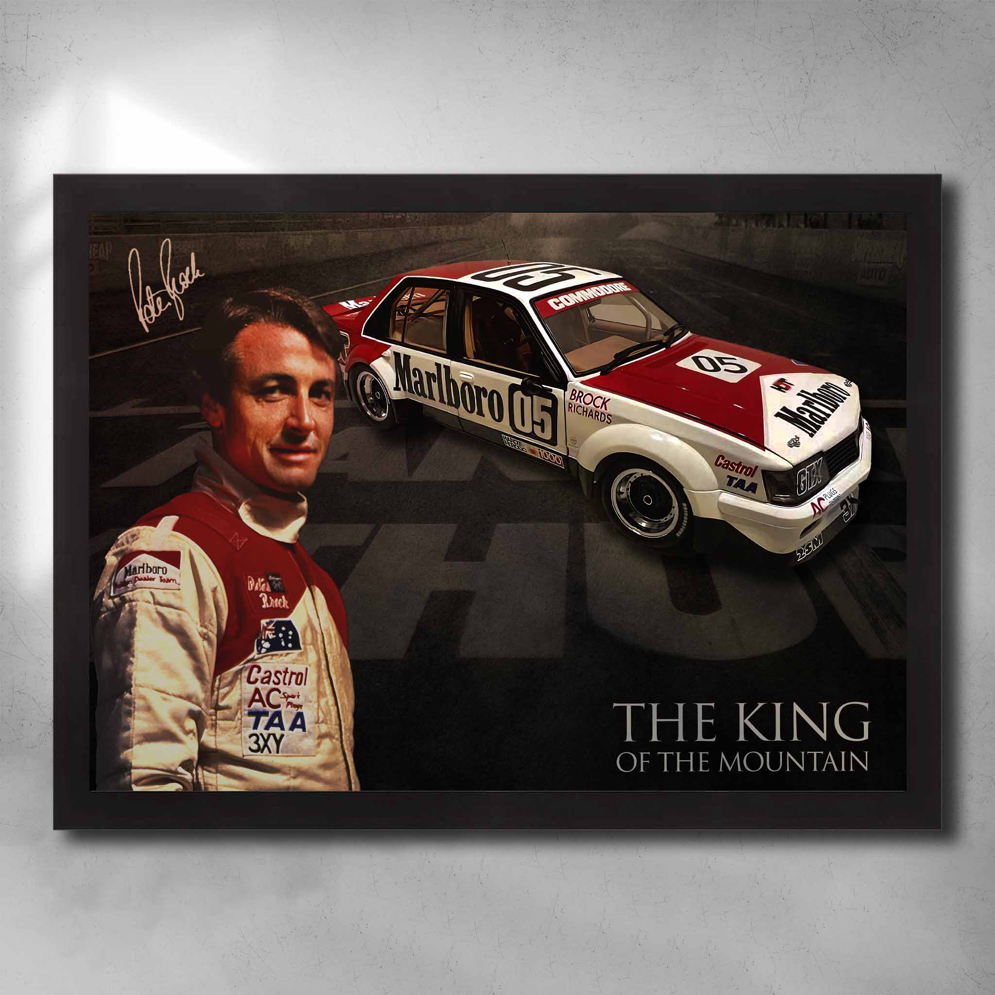 Framed sports art print of Peter Brock with his iconic Marlboro Holden at Bathurst, titled King of the Mountain.