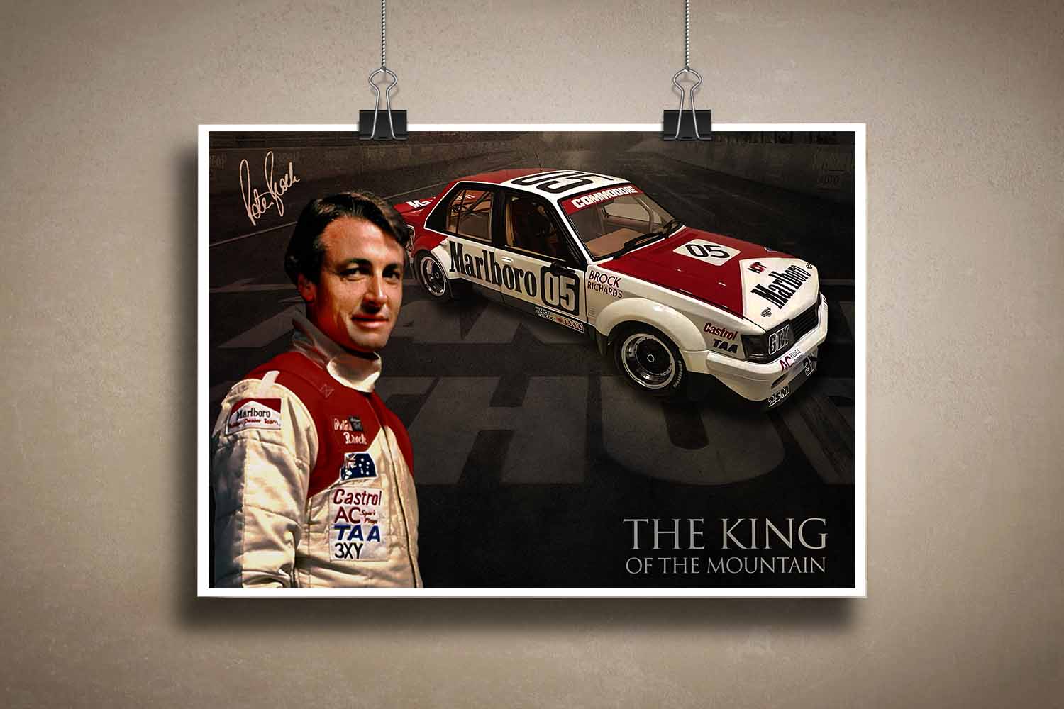 Peter Brock sports art poster featuring his iconic Holden race car and signature look - Collectible option for Australian motorsport fans and man cave wall art enthusiasts.