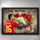 Framed Rodri Spain wall art featuring two dynamic poses, Spain national kit, and patriotic paint-splashed background.