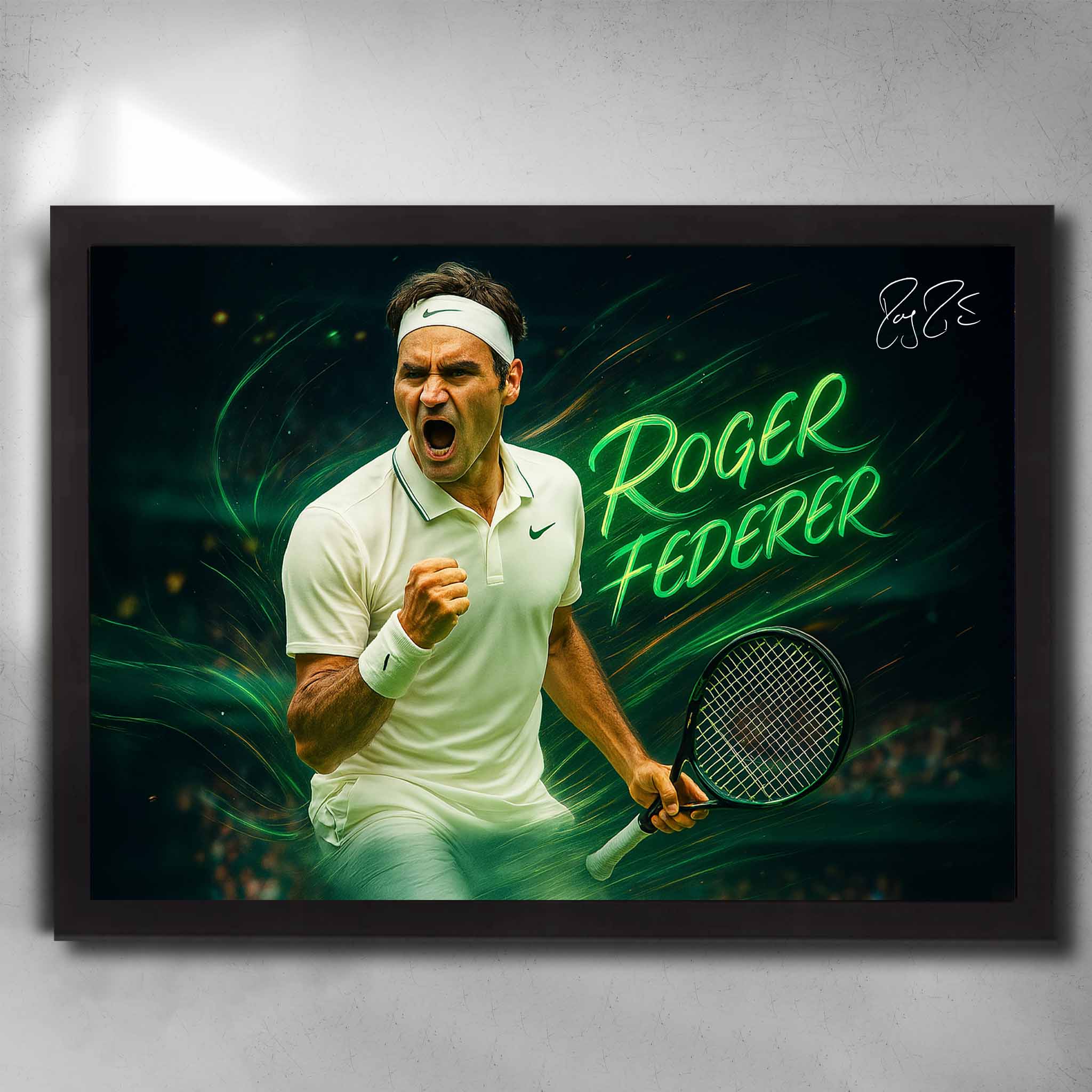 Framed Roger Federer wall art featuring him in white celebrating on court with neon green effects and dynamic tennis pose.