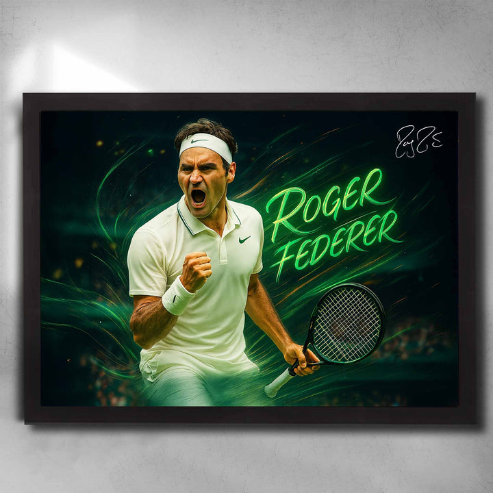Framed Roger Federer wall art featuring him in white celebrating on court with neon green effects and dynamic tennis pose.