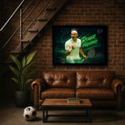 Roger Federer Wimbledon wall art framed above leather couch, ideal for sports-inspired home decor from www.sportscaveshop.com.