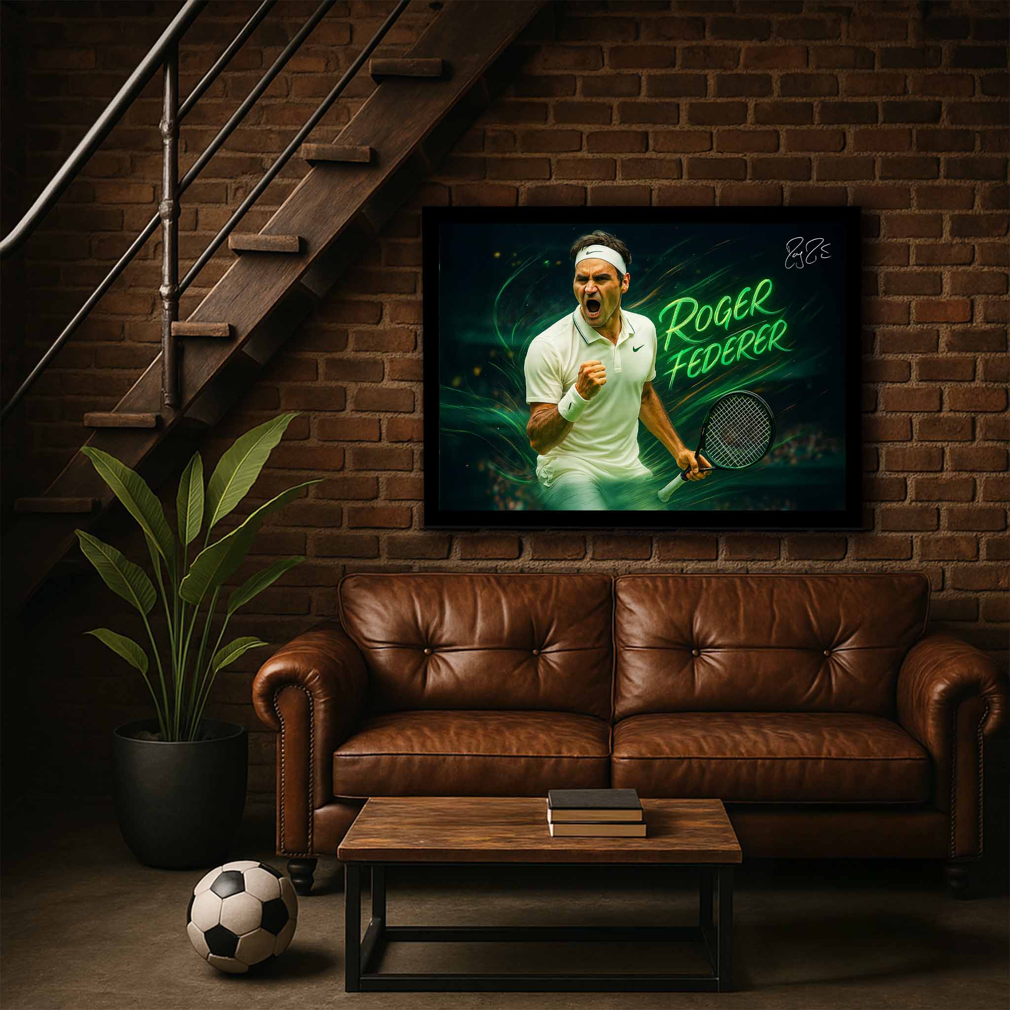 Roger Federer Wimbledon wall art framed above leather couch, ideal for sports-inspired home decor from www.sportscaveshop.com.