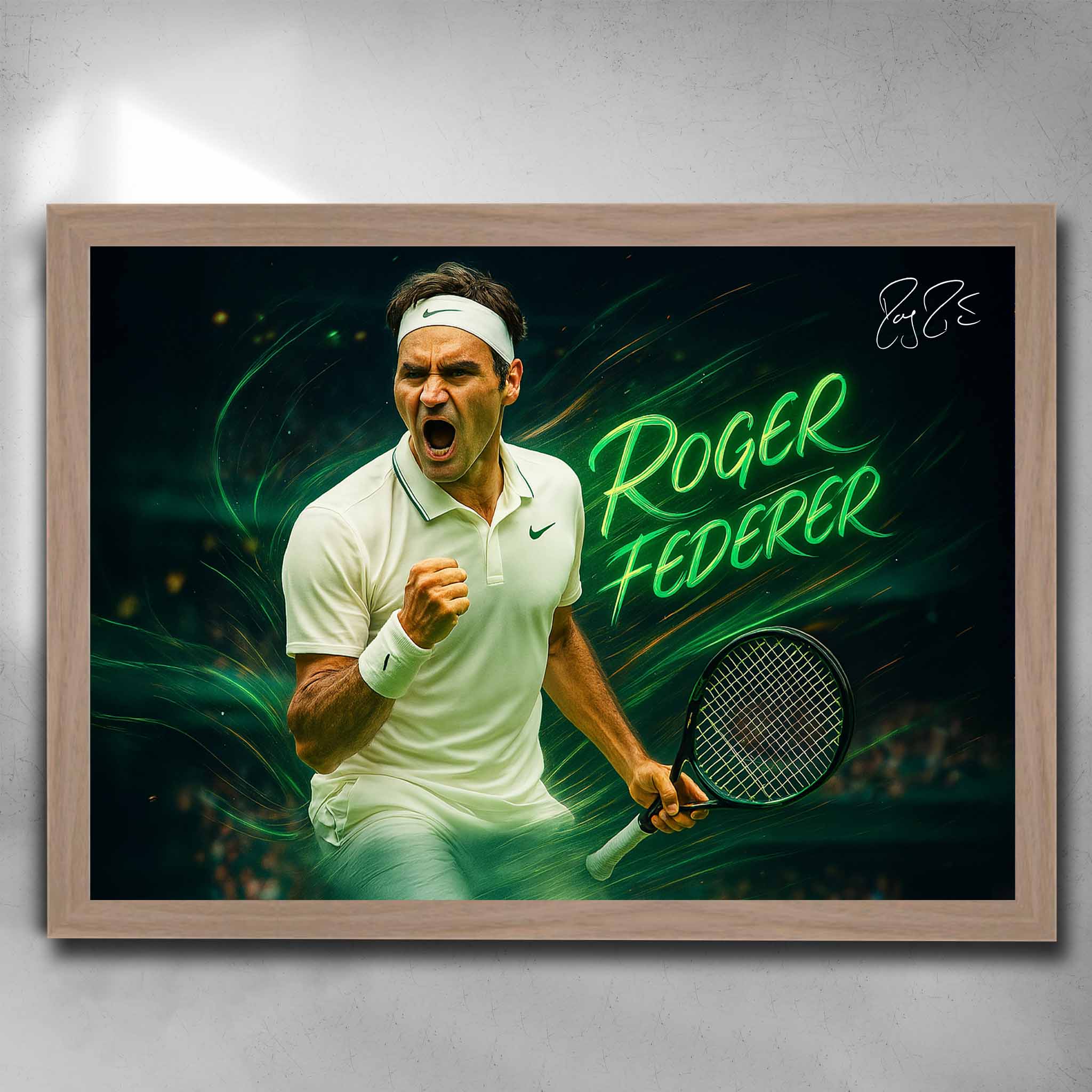 Oak framed Roger Federer Wimbledon wall art featuring bold green neon design, available now at www.sportscaveshop.com.