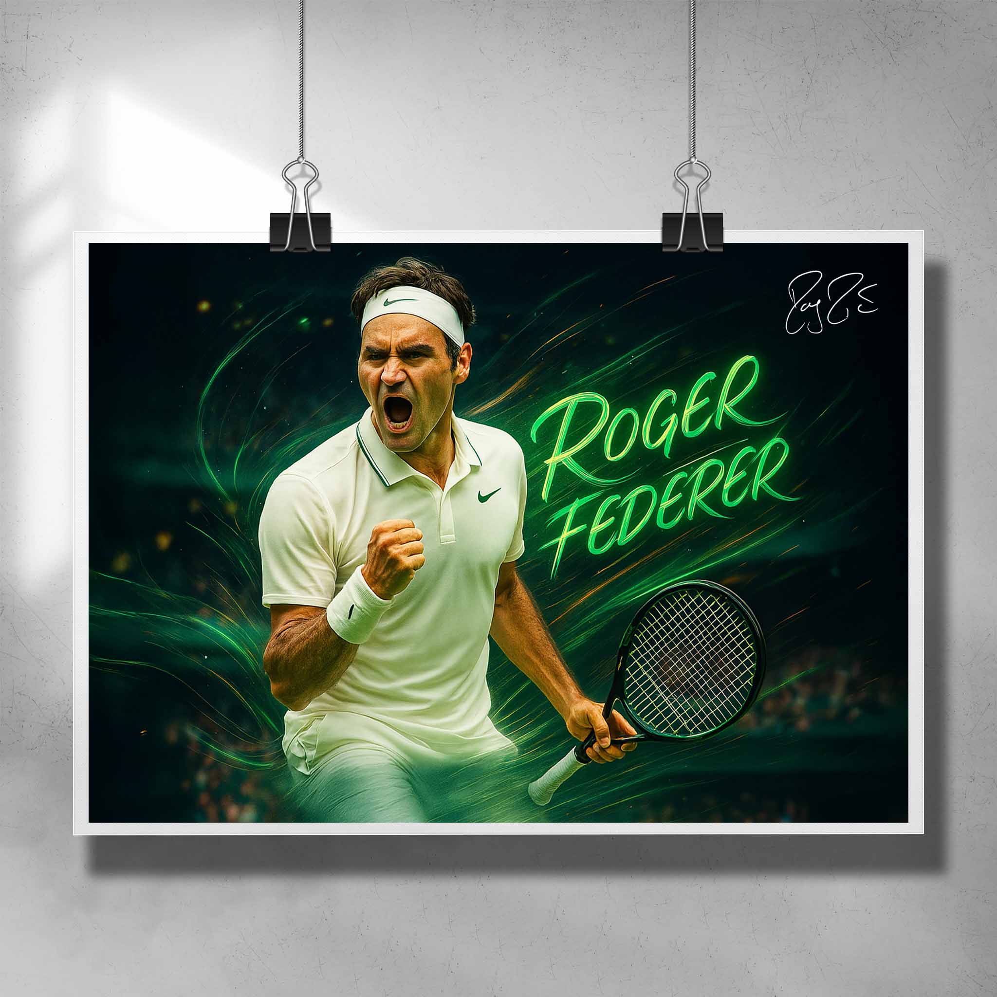 Roger Federer Wimbledon signed poster featuring bold green neon design, available now at www.sportscaveshop.com.