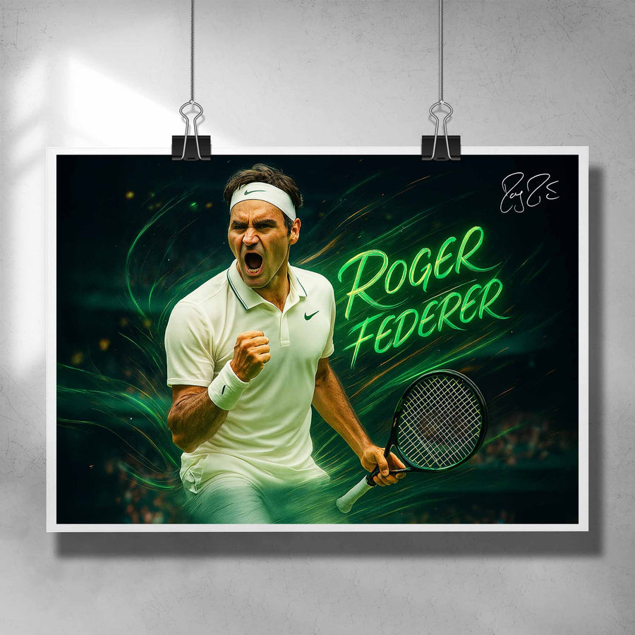 Roger Federer Wimbledon signed poster featuring bold green neon design, available now at www.sportscaveshop.com.