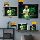 Roger Federer motivational wall art sizing guide with four frame options shown in home setting from www.sportscaveshop.com.
