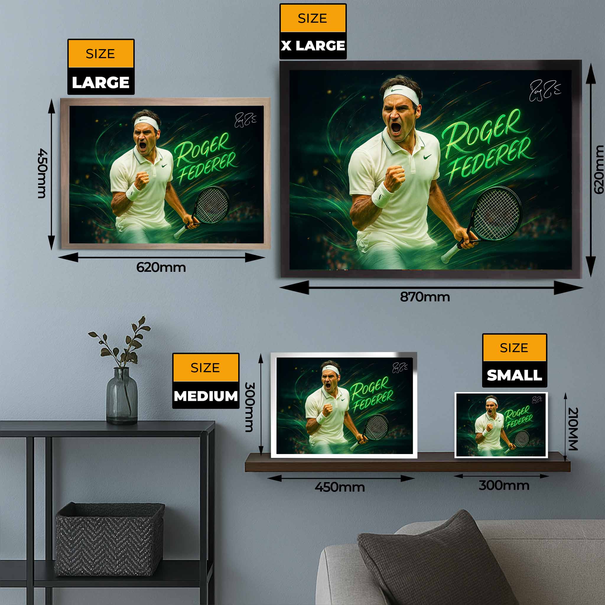 Roger Federer motivational wall art sizing guide with four frame options shown in home setting from www.sportscaveshop.com.