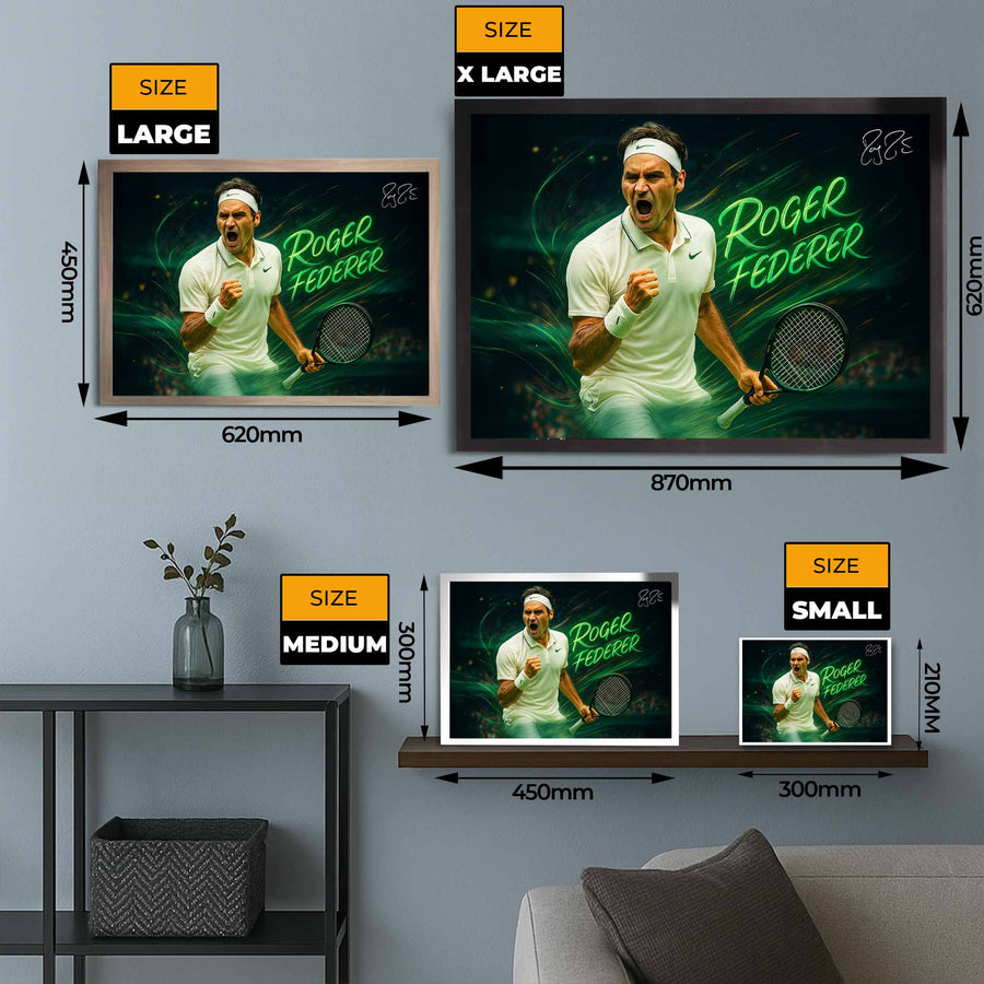 Roger Federer motivational wall art sizing guide with four frame options shown in home setting from www.sportscaveshop.com.