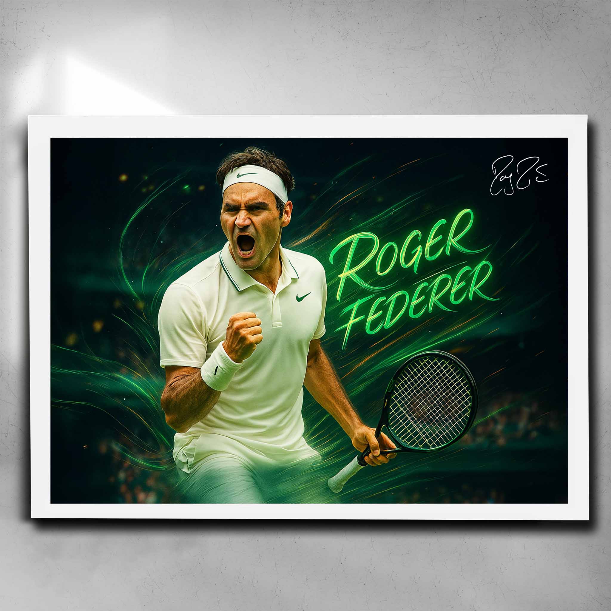 White framed Roger Federer Wimbledon wall art featuring bold green neon design, available now at www.sportscaveshop.com.