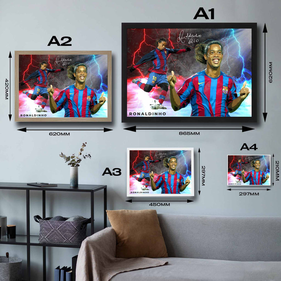 Visual representation of Ronaldinho framed art size options, ranging from S - 21 × 30 cm (8.3 × 11.8 in) to L - 45 × 62 cm (17.7 × 24.4 in), for selecting the right size for your space.