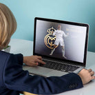 Young fan viewing Cristiano Ronaldo digital wall art on laptop — a high-resolution sports art print perfect for man cave digital decor.