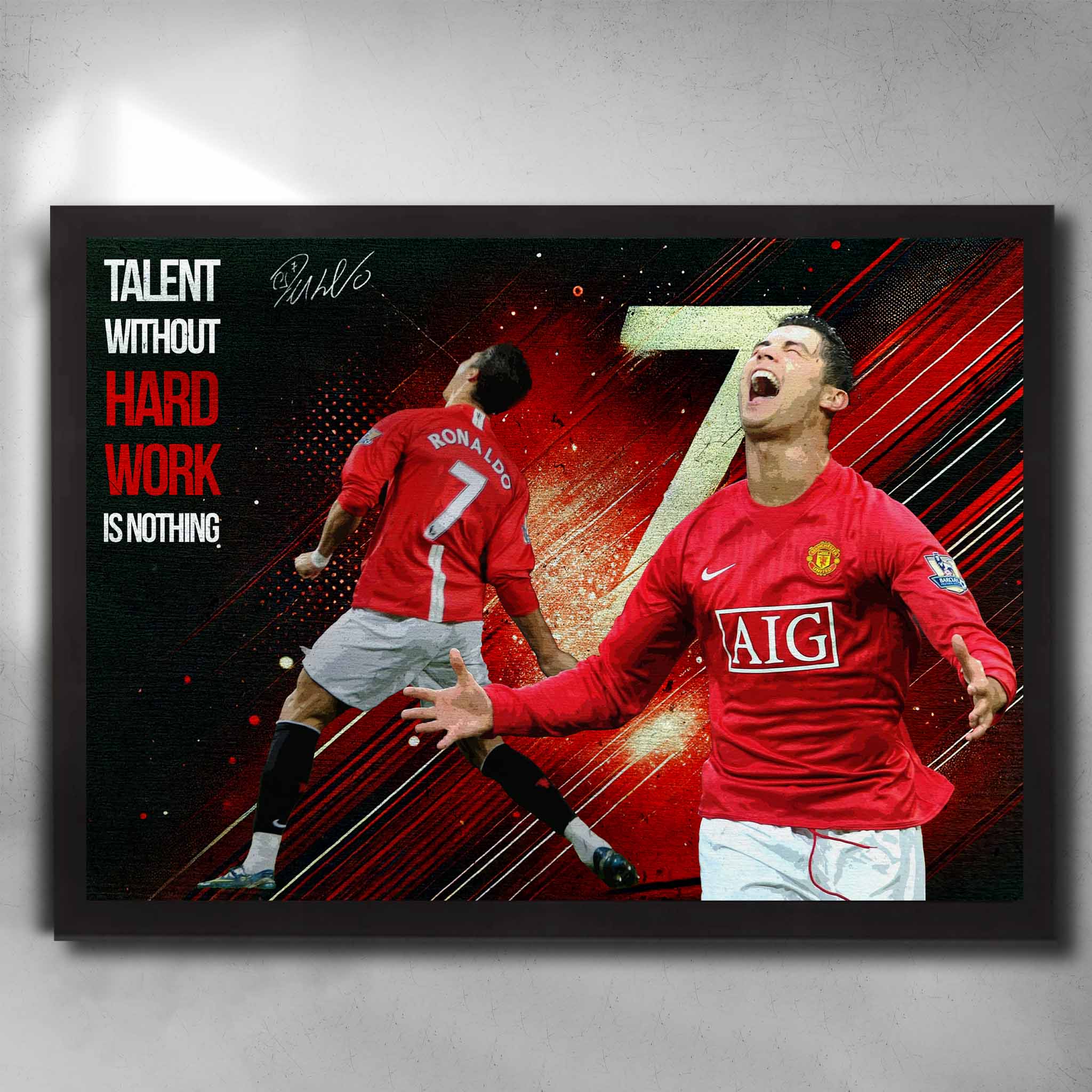 Cristiano Ronaldo framed sports art print with motivational quote in red Manchester United jersey