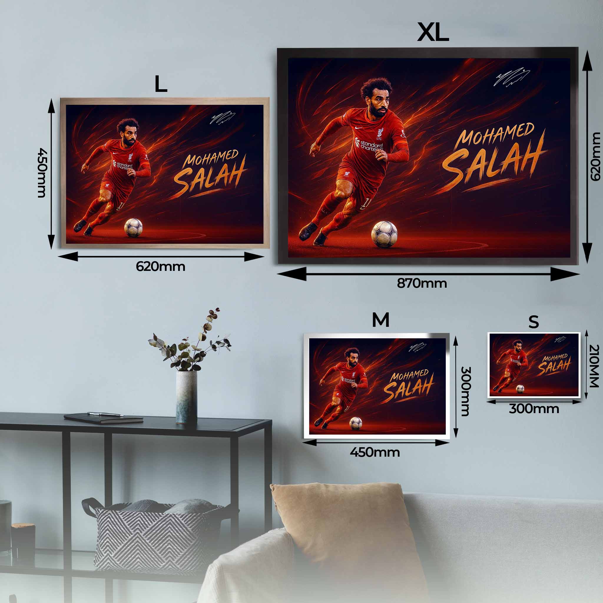 Visual representation of Mohamed Salah framed art size options, ranging from A4 to A2, to assist customers in selecting the right size for their space and preferences.