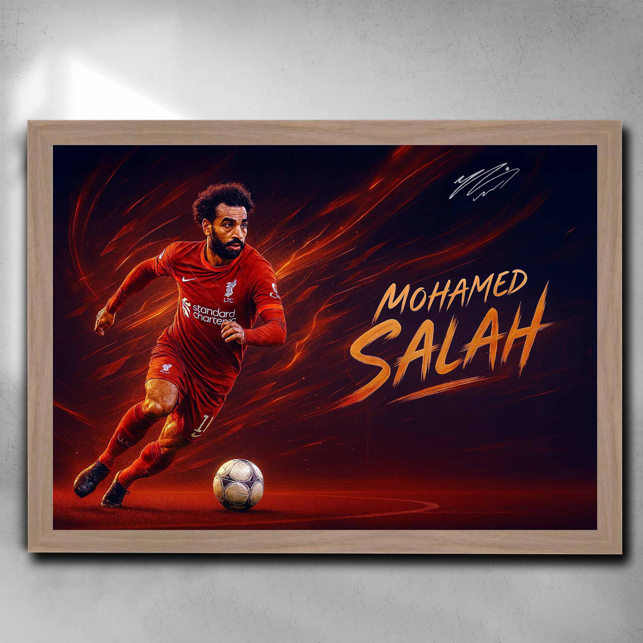 Oak framed soccer art featuring a signed print of Mohamed Salah from Liverpool FC - Artwork by Sports Cave.