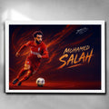White framed soccer art featuring a signed print of Mohamed Salah from Liverpool FC - Artwork by Sports Cave.