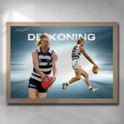 Oak framed AFL art by Sports Cave, featuring Sam De Koning from the Geelong Cats.