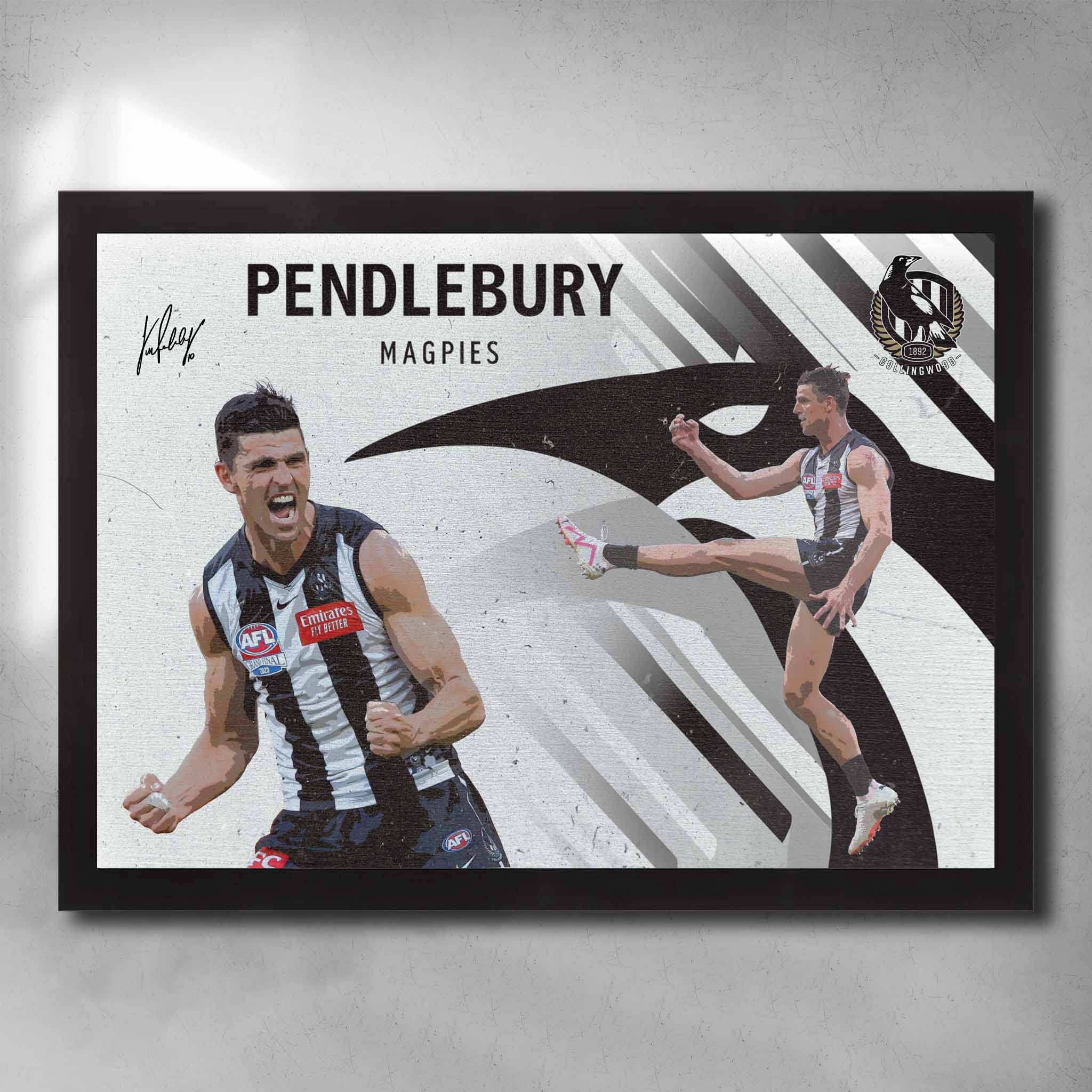 Black framed AFL art by Sports Cave, featuring Scott Pendlebury from the Collingwood Magpies.