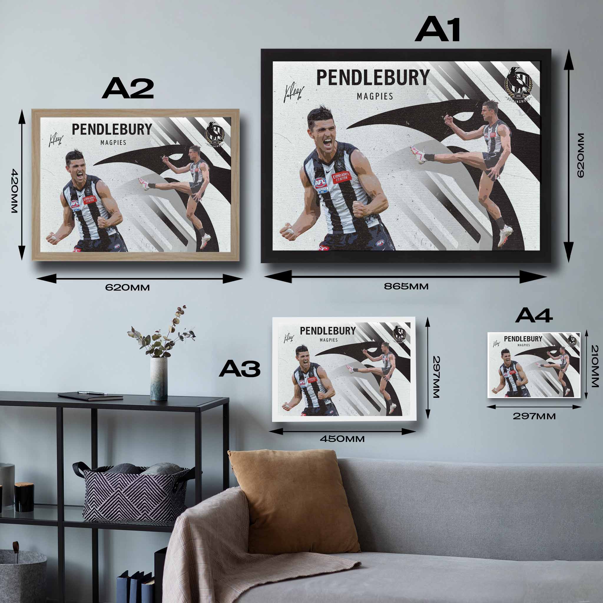 Visual representation of Scott Pendlebury framed art size options, ranging from A4 to A2, for selecting the right size for your space.