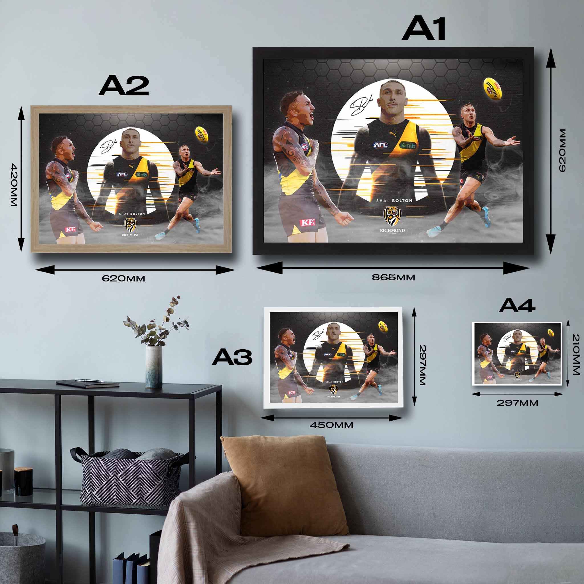 Visual representation of Shai Bolton framed art size options, ranging from A4 to A2, for selecting the right size for your space.