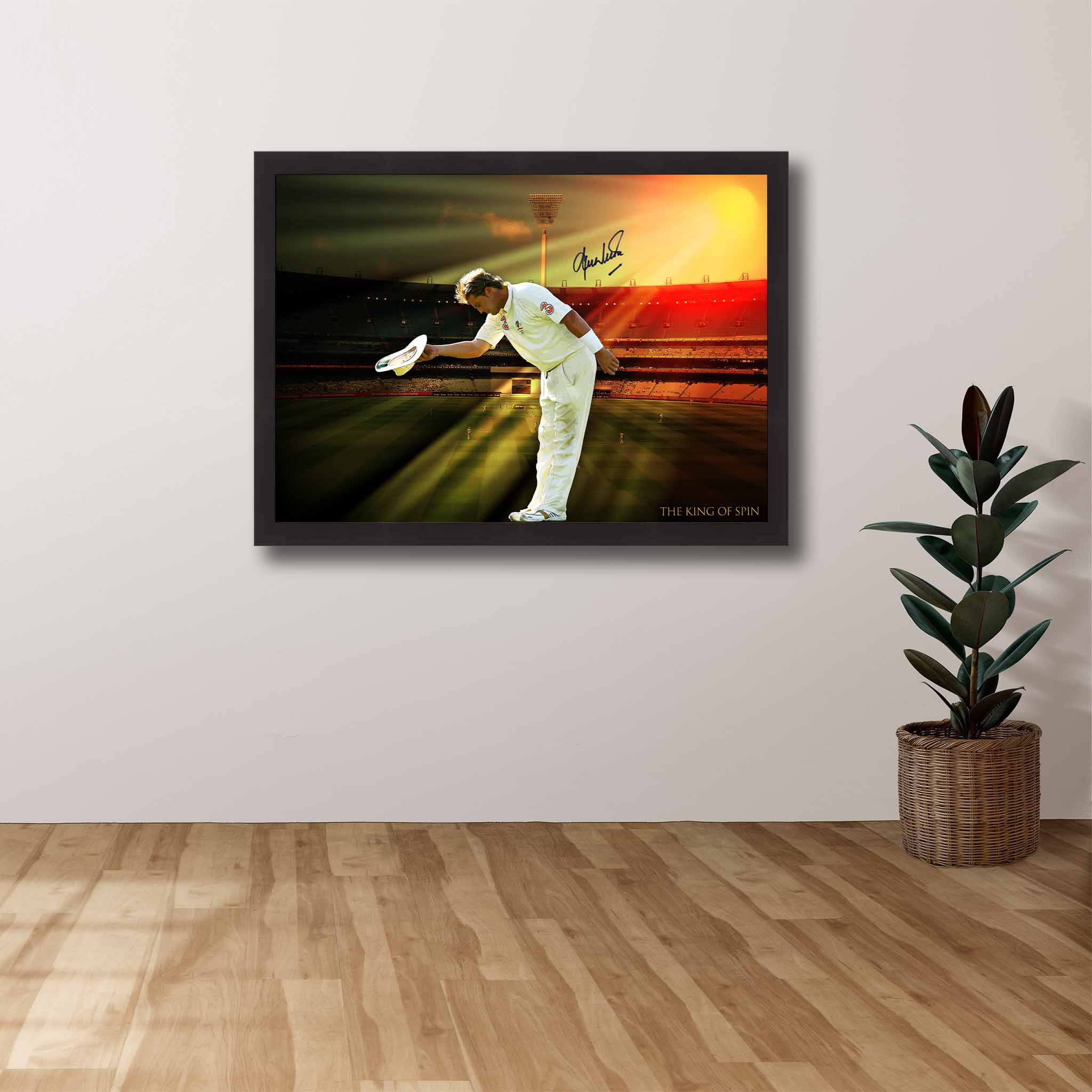 Shane Warne wall art framed and hung in a modern space — premium cricket memorabilia perfect for collectors and fan décor.