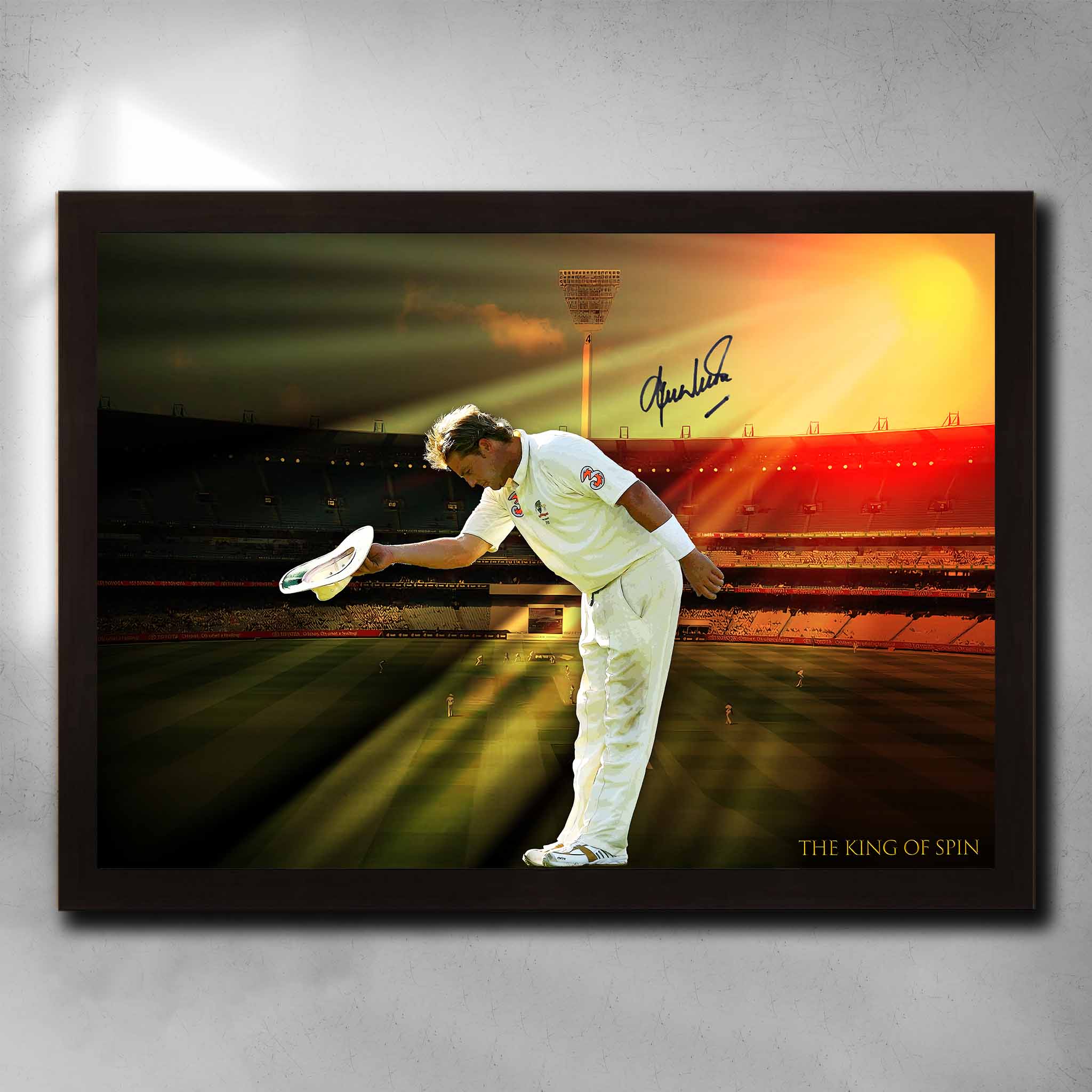 Shane Warne wall art print of final MCG farewell with sunset and signature – limited edition framed sports memorabilia