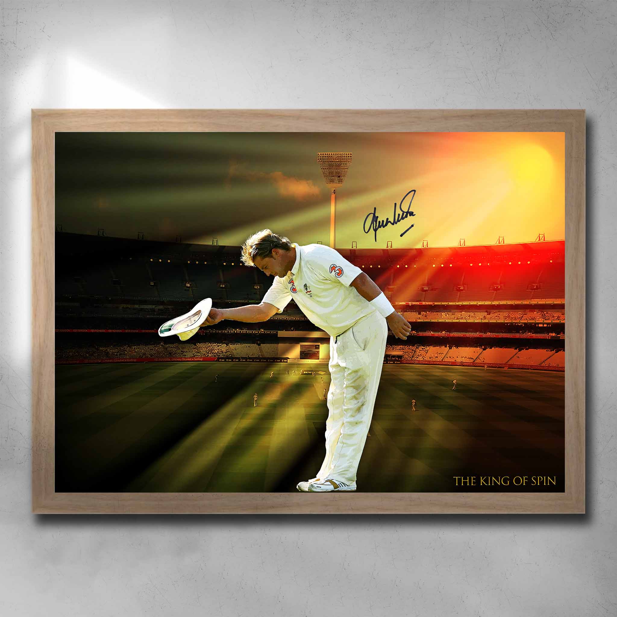 Oak-framed Shane Warne wall art capturing the cricket legend’s farewell moment—premium framed sports memorabilia for true fans.