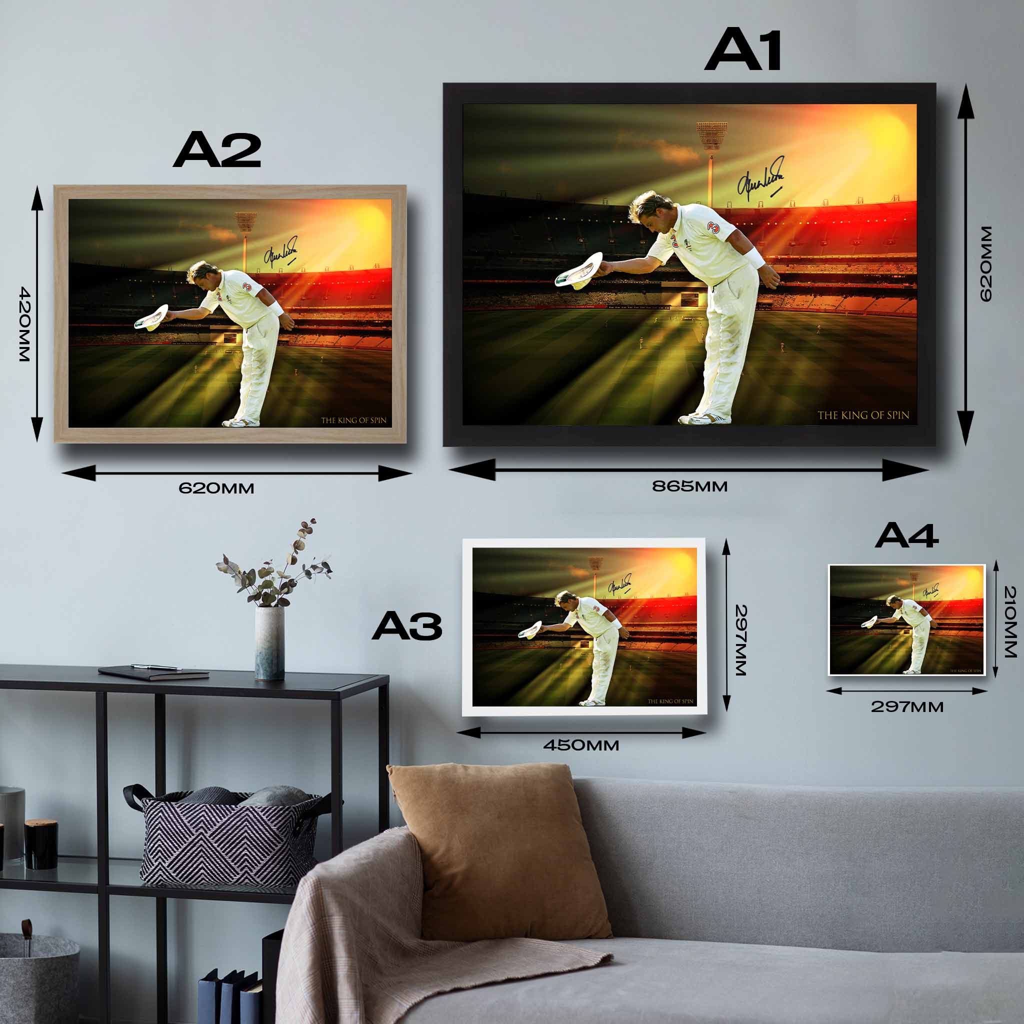 Shane Warne wall art size chart showing framed print options from A1 to A4—perfect cricket memorabilia for fan spaces.