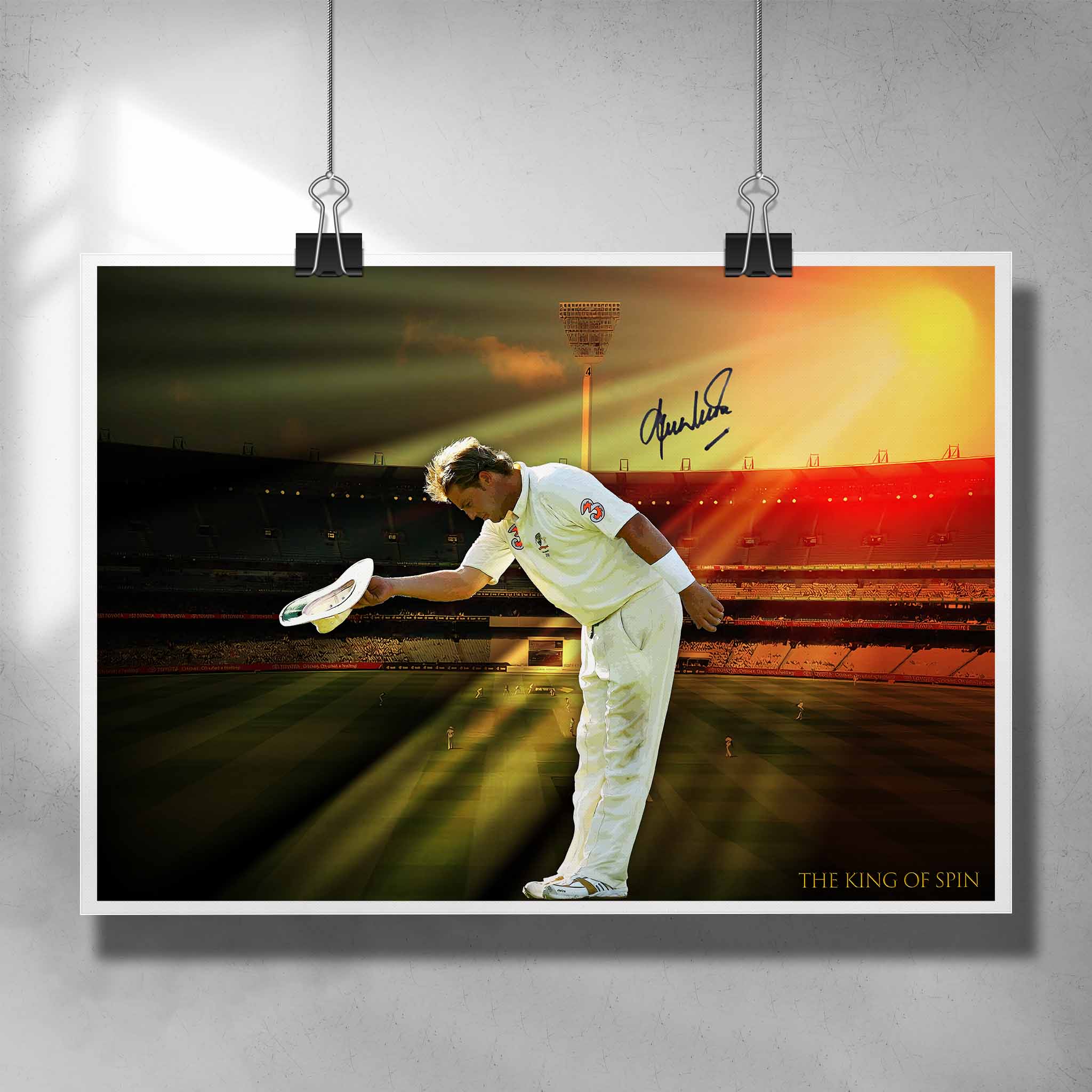 Shane Warne wall art in white frame – a premium cricket tribute print and framed sports memorabilia for true fans of the spin king.