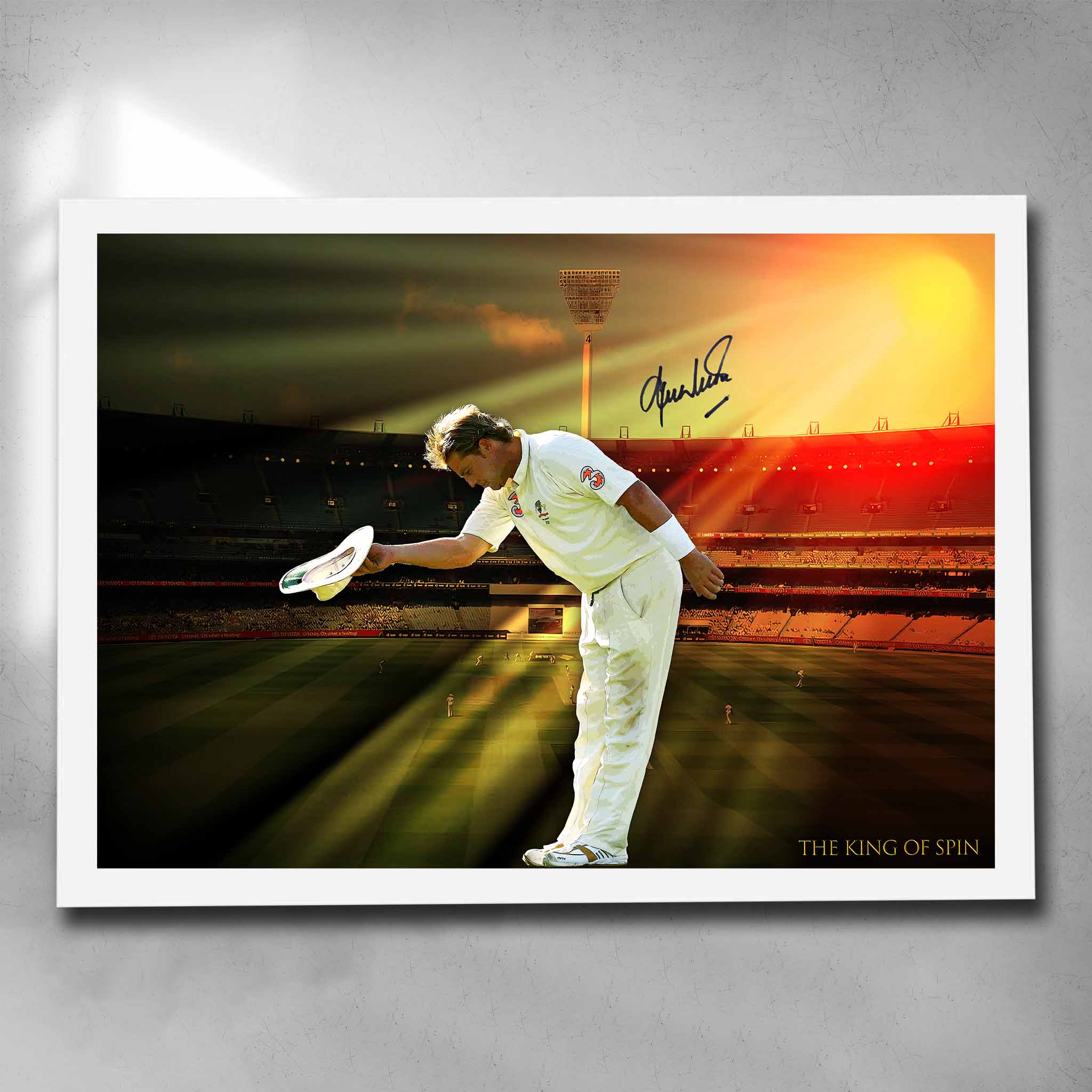 White-framed Shane Warne wall art – premium cricket memorabilia showcasing the spin king’s legacy in framed sports art perfection.