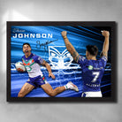 Black framed NRL art featuring a signed print of Shaun Johnson from the New Zealand Warriors - Artwork by Sports Cave.