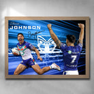 Rustic oak framed NRL art featuring a signed print of Shaun Johnson from the New Zealand Warriors - Artwork by Sports Cave.