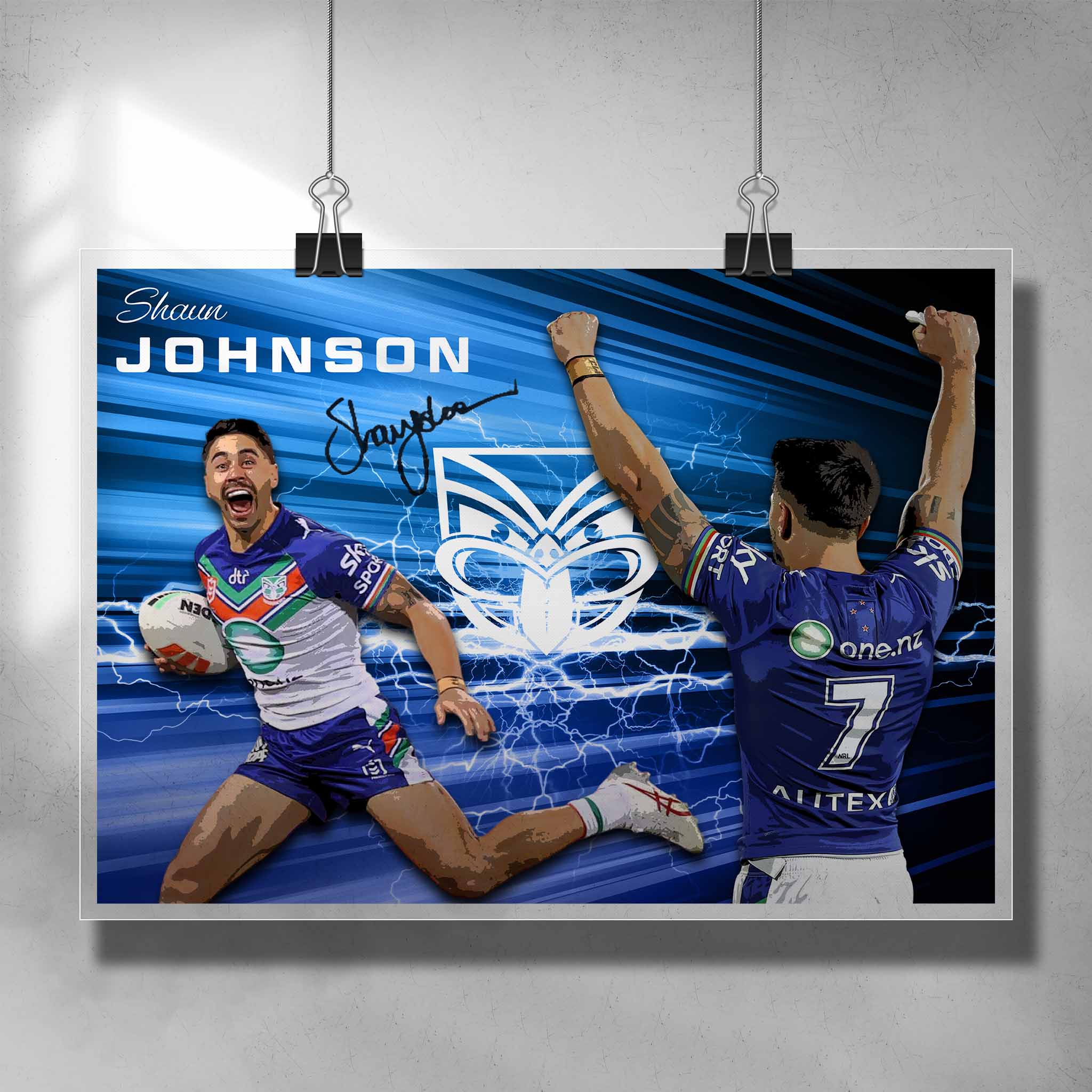 Unique NRL poster art featuring a signed print of Shaun Johnson from the New Zealand Warriors - Artwork by Sports Cave.