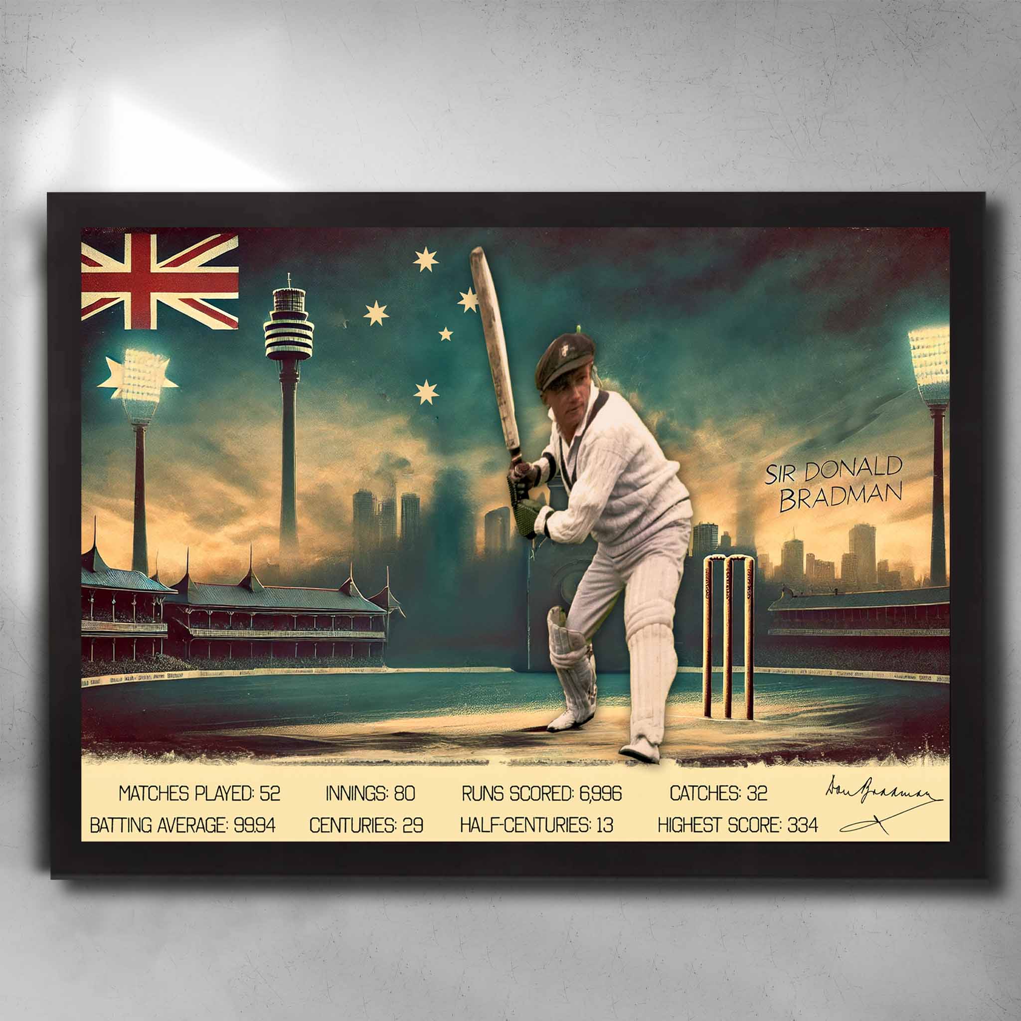 Framed Sir Donald Bradman wall art featuring classic batting pose, SCG background, and legendary cricket stats.