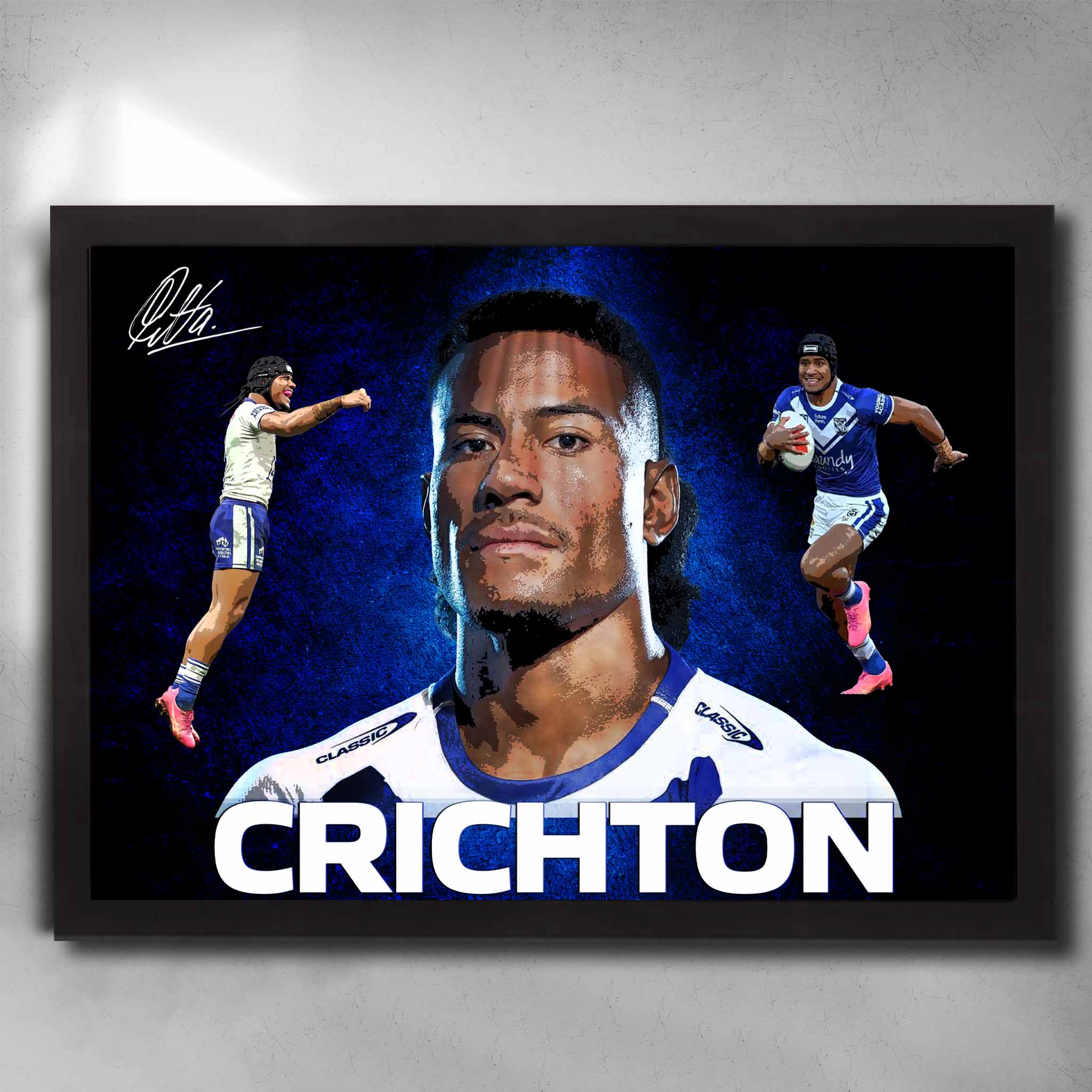 Black framed Stephen Crichton Canterbury Bulldogs NRL Art by Sports Cave.