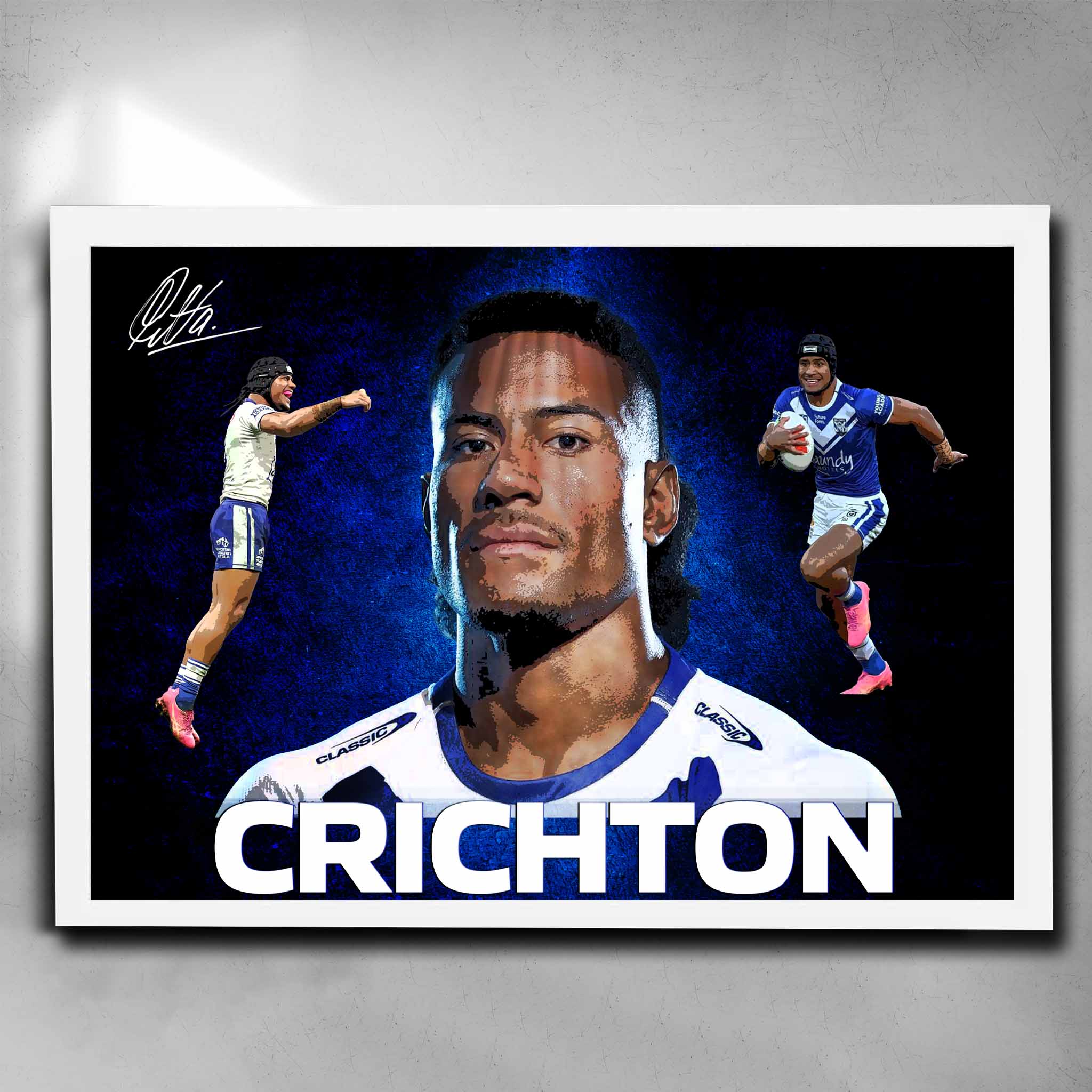 White framed Stephen Crichton Canterbury Bulldogs NRL Art by Sports Cave.