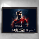 Framed Steven Gerrard Liverpool wall art featuring bold portrait, dark background, and “You’ll Never Walk Alone” tribute text.