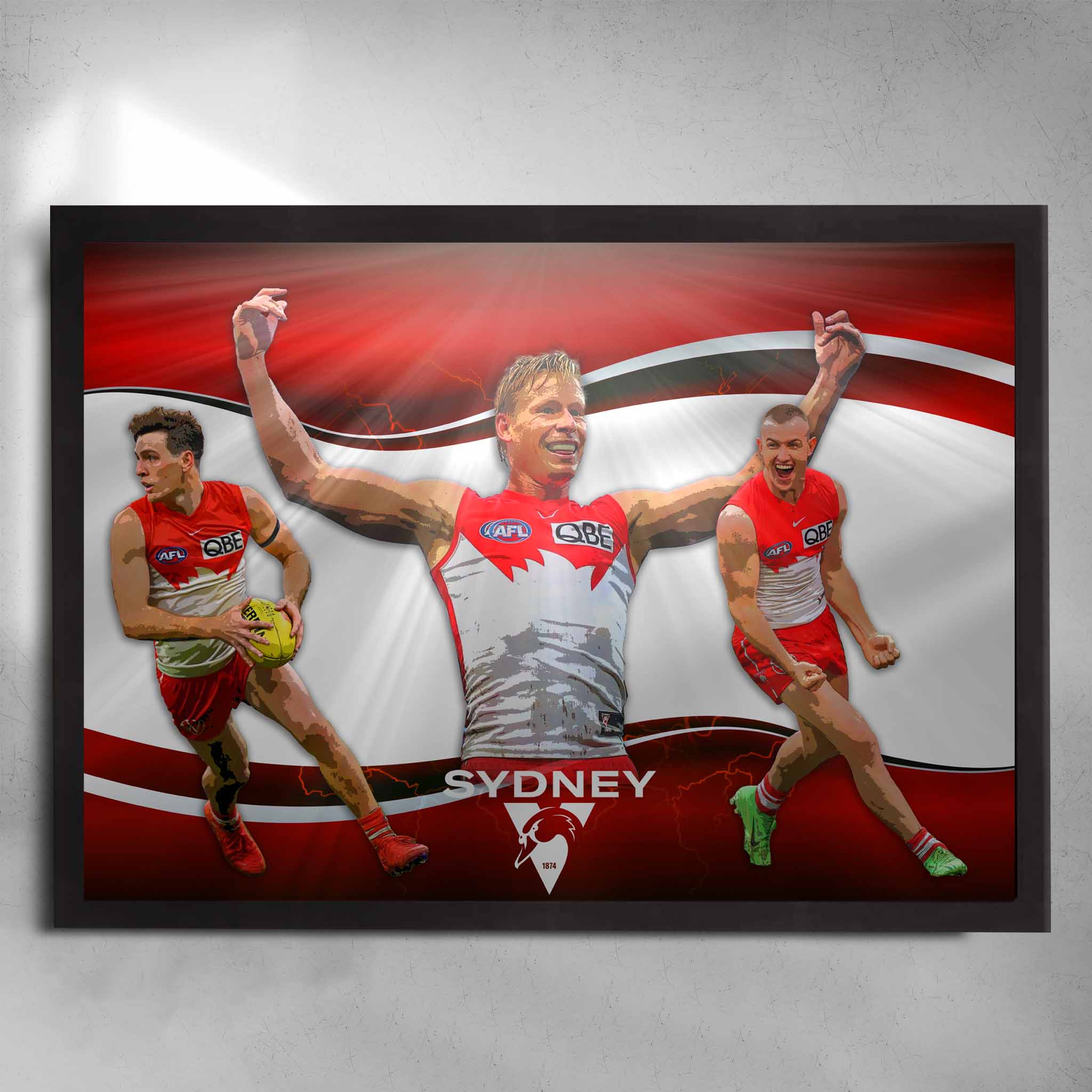 Black framed Sydney Swans Poster by Sports Cave, featuring Errol Gulden, Isaac Heeney & Chad Warner.