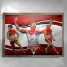 Oak framed Sydney Swans Poster by Sports Cave, featuring Errol Gulden, Isaac Heeney & Chad Warner.