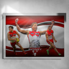 White framed Sydney Swans Poster by Sports Cave, featuring Errol Gulden, Isaac Heeney & Chad Warner.