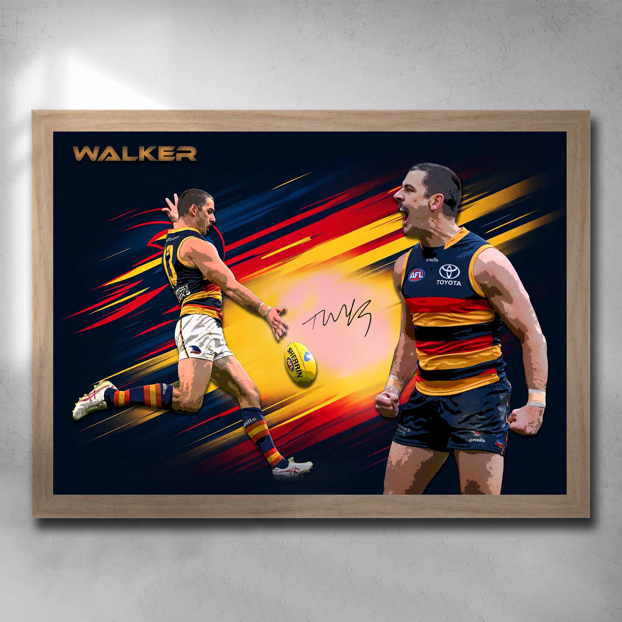 Oak framed AFL art by Sports Cave, featuring Taylor Walker from the Adelaide Crows.